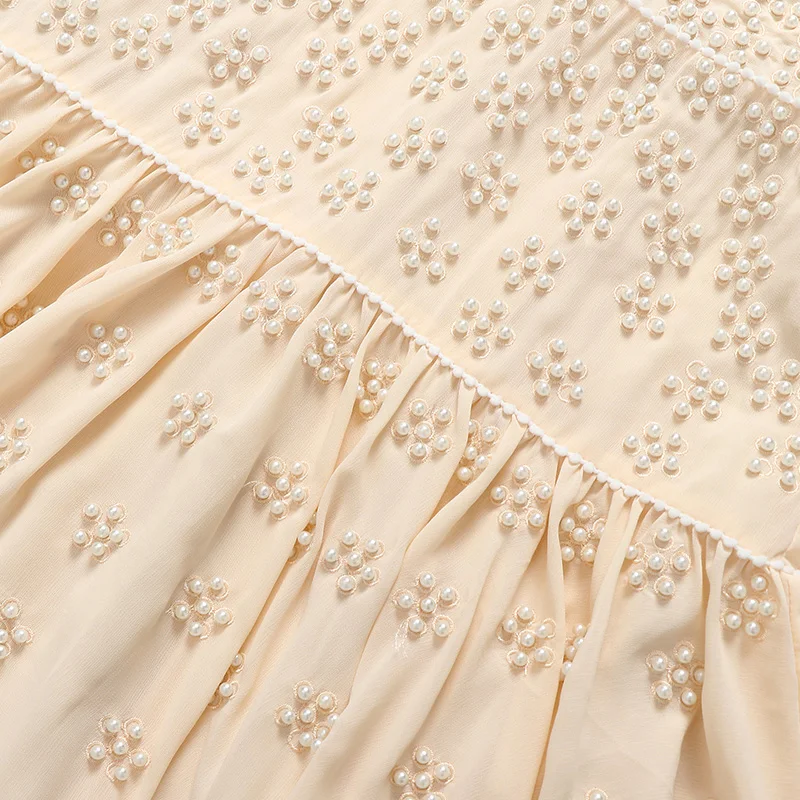 Elegant and Sweet Style Solid Beige Color Floral Lace Swing Summer Chiffon Beading Ornamental Woman Dress with Back Zip Closure