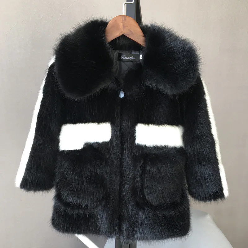 Hooded Faux Mink  Fur Girl Children Kids Winter Trench Coat With Solid Color High Quality