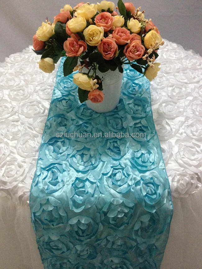 Wedding Light Blue Satin Rosette Table Runner For Round Tables