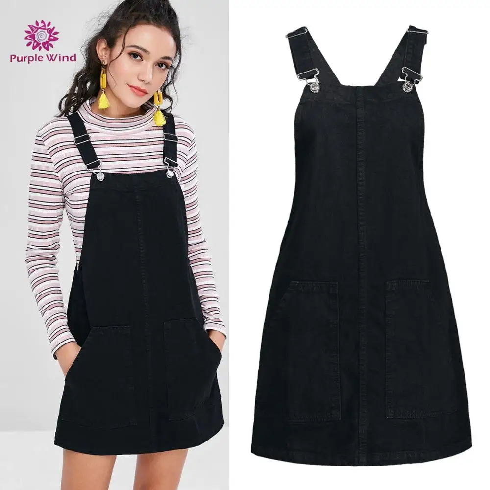 2019 Fashion pockets pinafore dungaree black denim sleeveless dress women