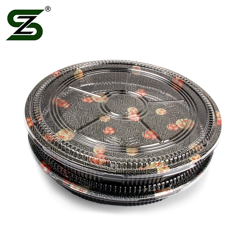 Толстый Круглый одноразовый пластиковый лоток для суши с 5 разделителями для тиснения momiji