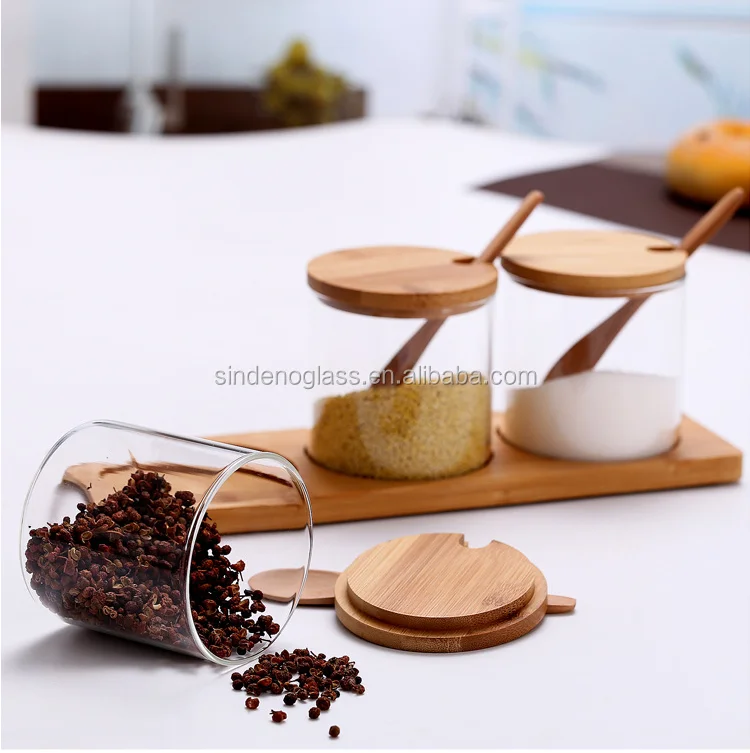 Condiment Container Seasoning Box Pot 3pcs Spice Kitchen Glass Jar Set with Bamboo Spoon Lid and Base