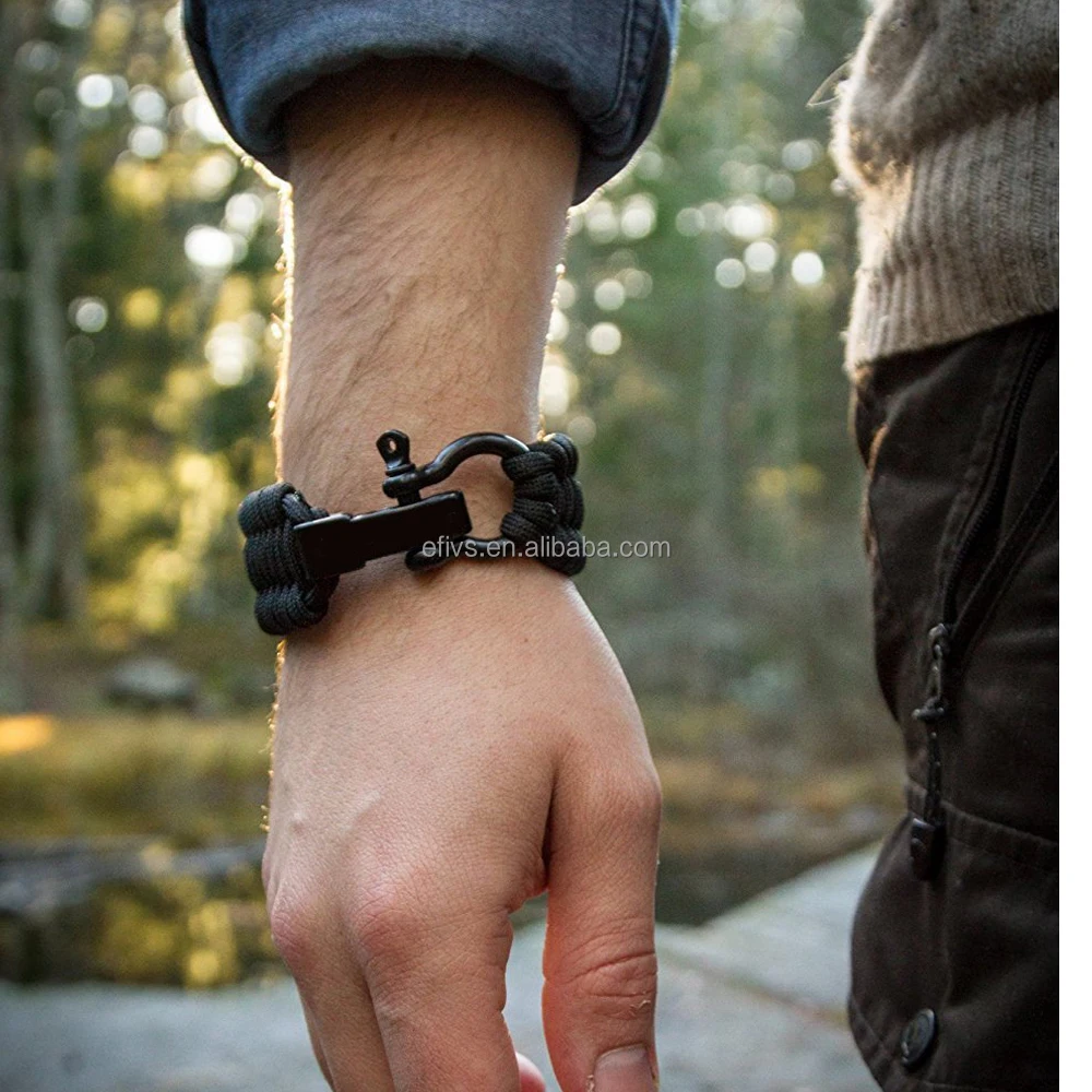 Wholesale 500 lb Paracord Survival Bracelet with Stainless Steel Black Bow Shackle