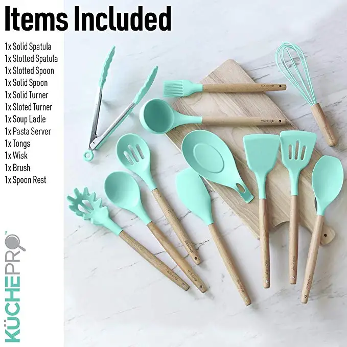 11pcs Silicone Cooking Kitchen Utensils Set, Bamboo Wooden Handles Cooking Tool BPA Free Non Toxic Silicone