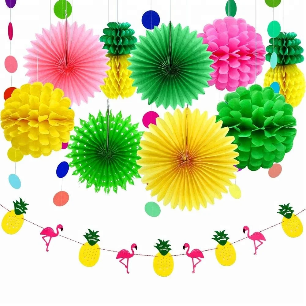 Hawaiian Party Decorations Tissue Pineapples Paper Pom Poms Flowers Tissue Paper Fan Polka Dot Paper Garland Flamingo Pineapple