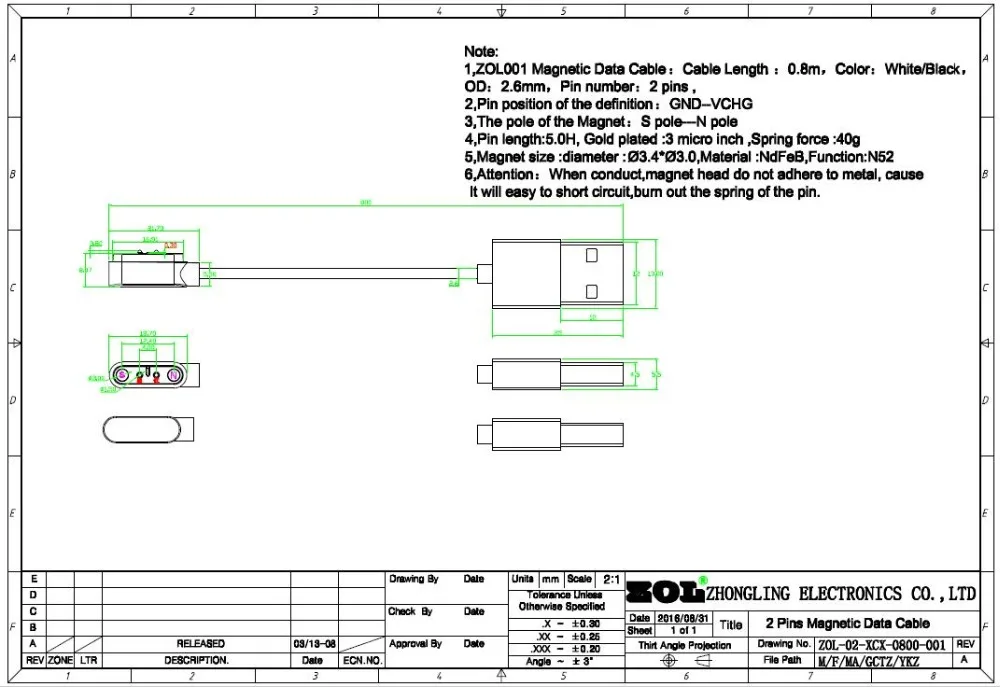 
2 pin magnetic male pogo pin connector with cable for smart device 