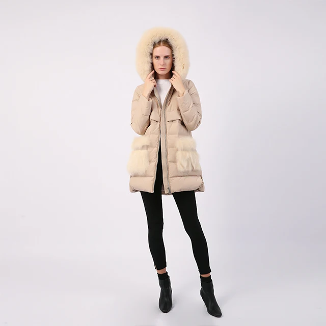 Real Fur Beige Duck Down Jacket Women Fashion Big Fur Pocket Winter Quilted Coat