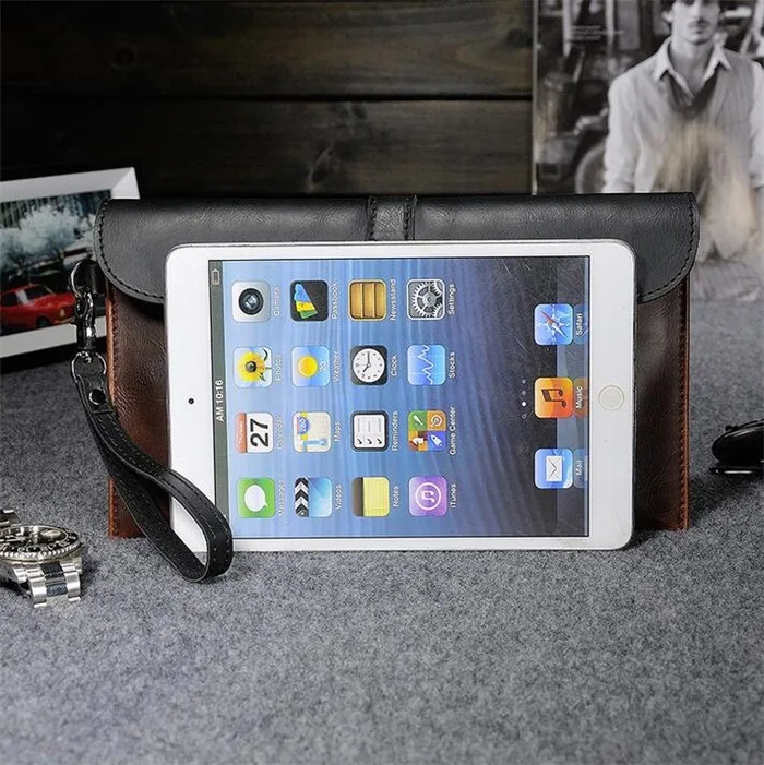 Wholesale personality vintage crazy horse leather wristlet handbag men envelope clutch bag