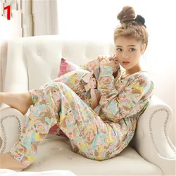 Fashion Summer Polyester Thin Long Sleeve Trousers Wheat Spike Woman Cute Cartoon Pattern Milk Silk Pajamas