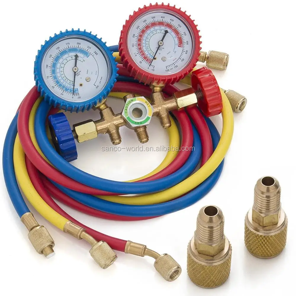 
5FT AC Diagnostic Manifold Freon Gauge Set for R134A R12, R22, R502 Refrigerants, with Couplers 