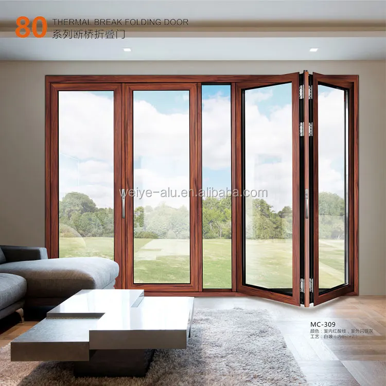 80 luxury aluminum glass thermal break folding door with wood pattern 2+2 2+0 3+3 3+2 3+0