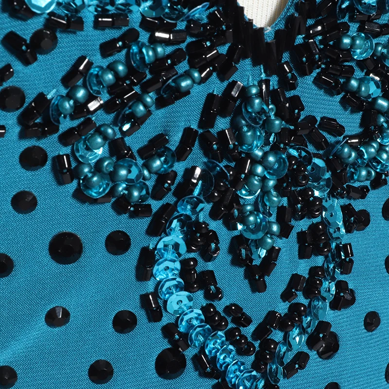 Elegant beaded blue ceremony apparel open back long mermaid evening dress