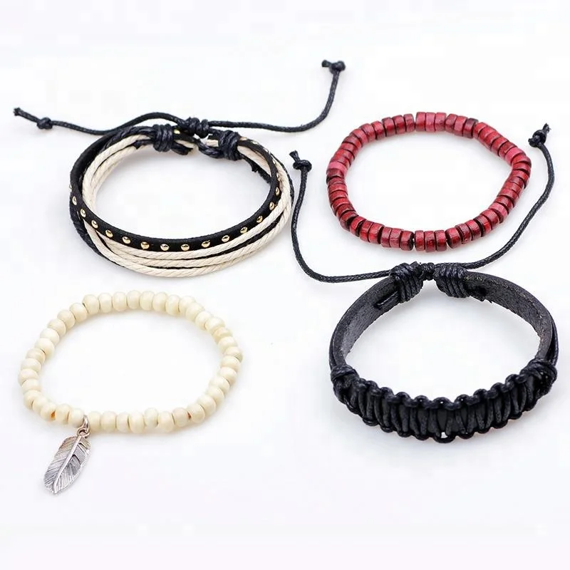 Bohemia Women Men Wood Beads Alloy Feather Charm Layers Rope Stretched Leather Bracelet