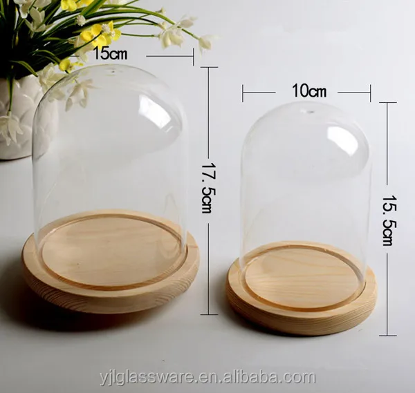 hot selling wholesale price available different sizes glass dome cloche with wood base