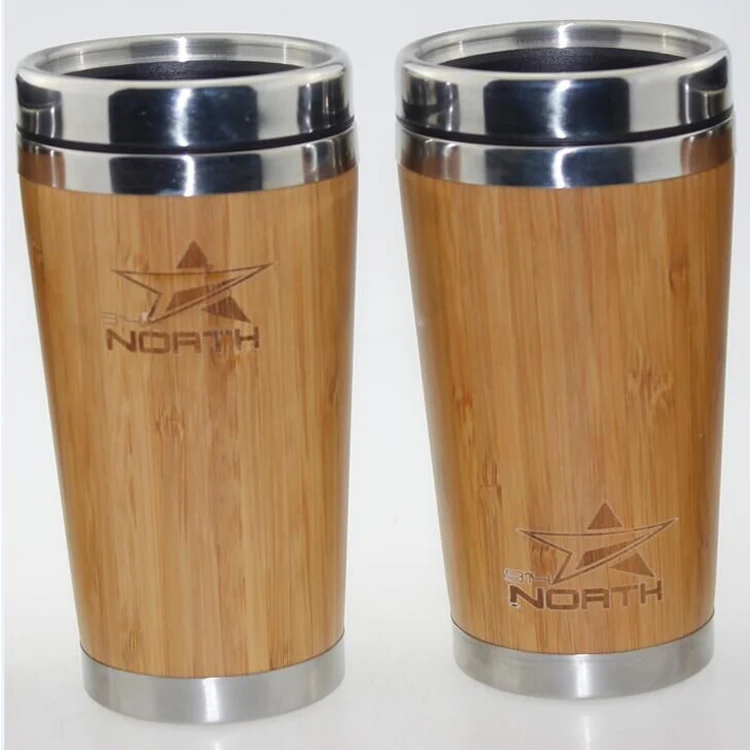 16oz Wholesale 450ml  Stainless Steel Bamboo Travel Tea Coffee Thermal Mugs Cups with Leak proof lid