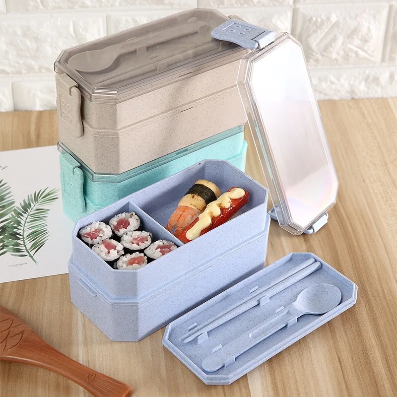 2-Layer Microwavable PP Bento Lunch Box Wheat Straw Plastic Sushi Container with Spoon and Chopsticks for Food Storage Carry