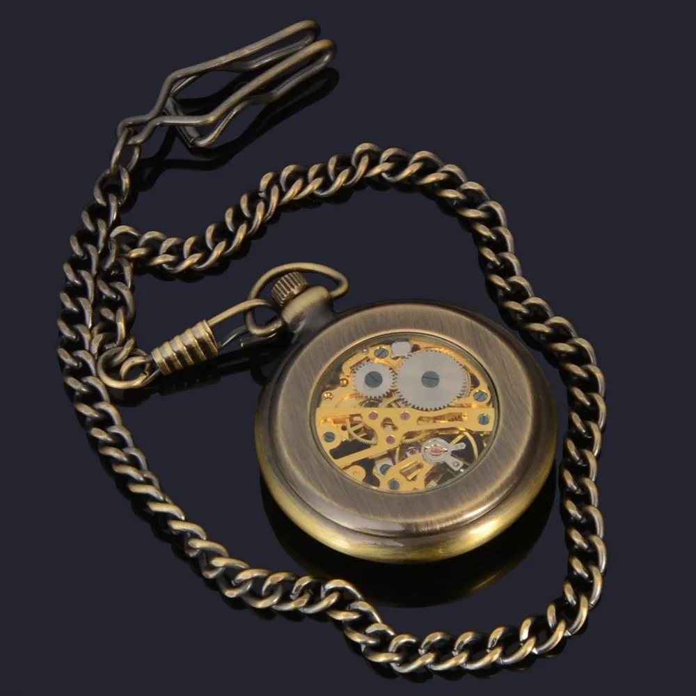 Vintage type mechanical skeleton copper bronze material for men open face Pocket Watch