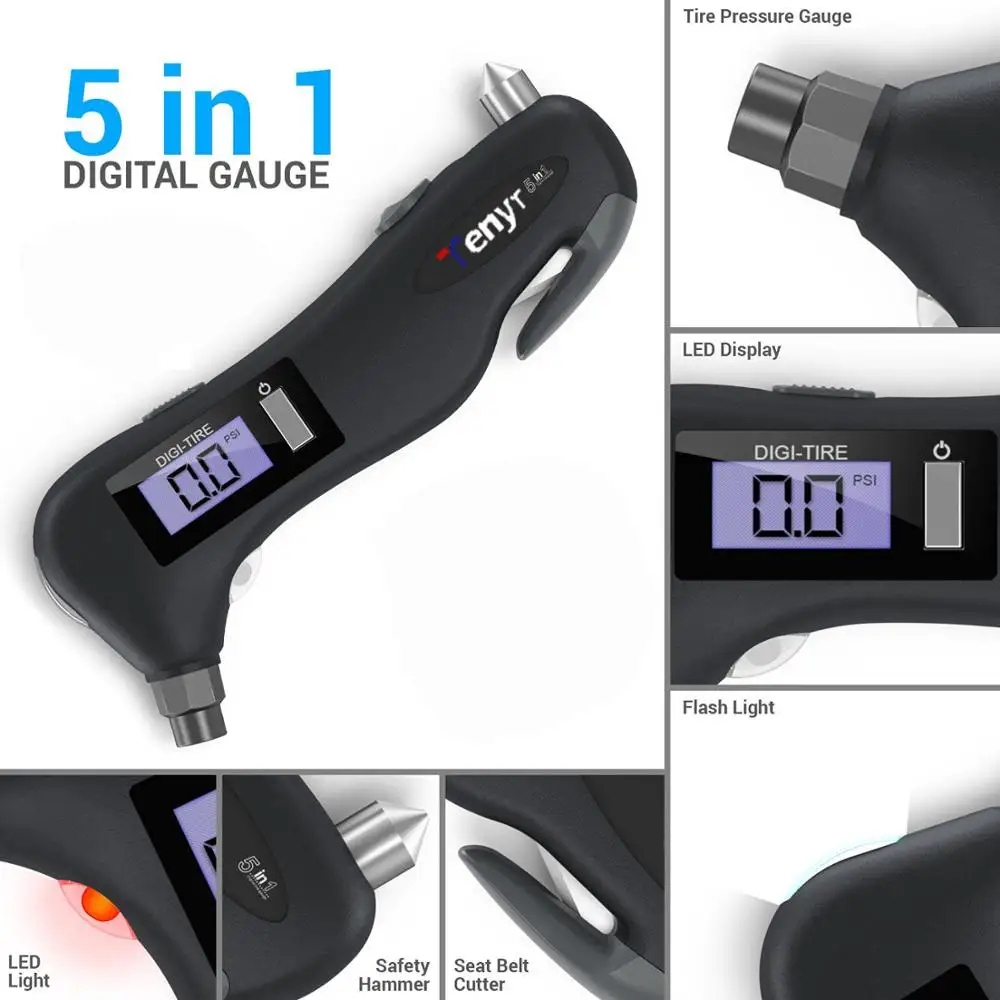 
Digital Tire Pressure Gauge 150PSI with 5 In 1 Rescue Tools of LED Flashlight Car Window Breaker Seatbelt Cutter 
