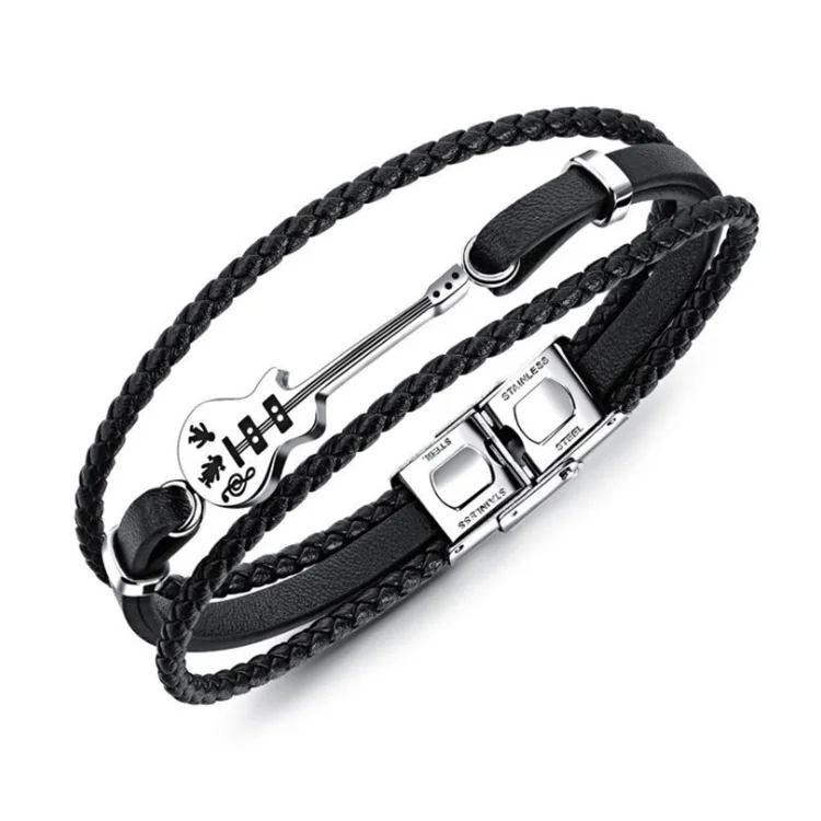 Trendy Stainless Steel Music Festival Guitar Men Leather Rope Bangle Bracelet