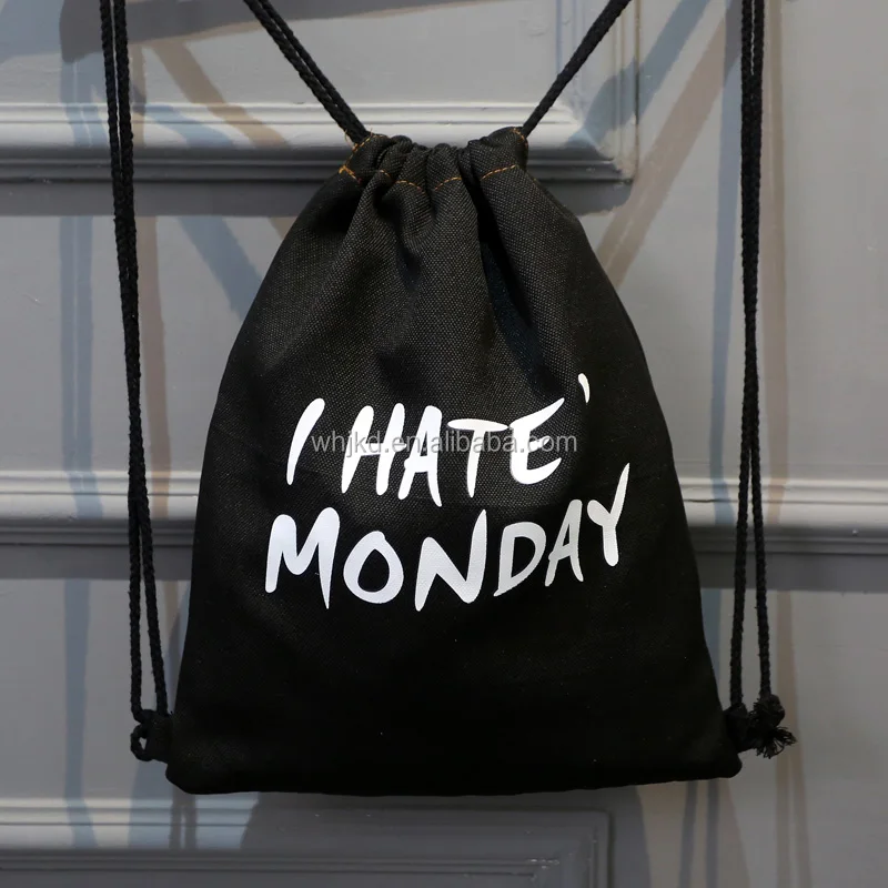 Burlap drawstring backpack bag travel black cotton canvas draw string sack bag for sports