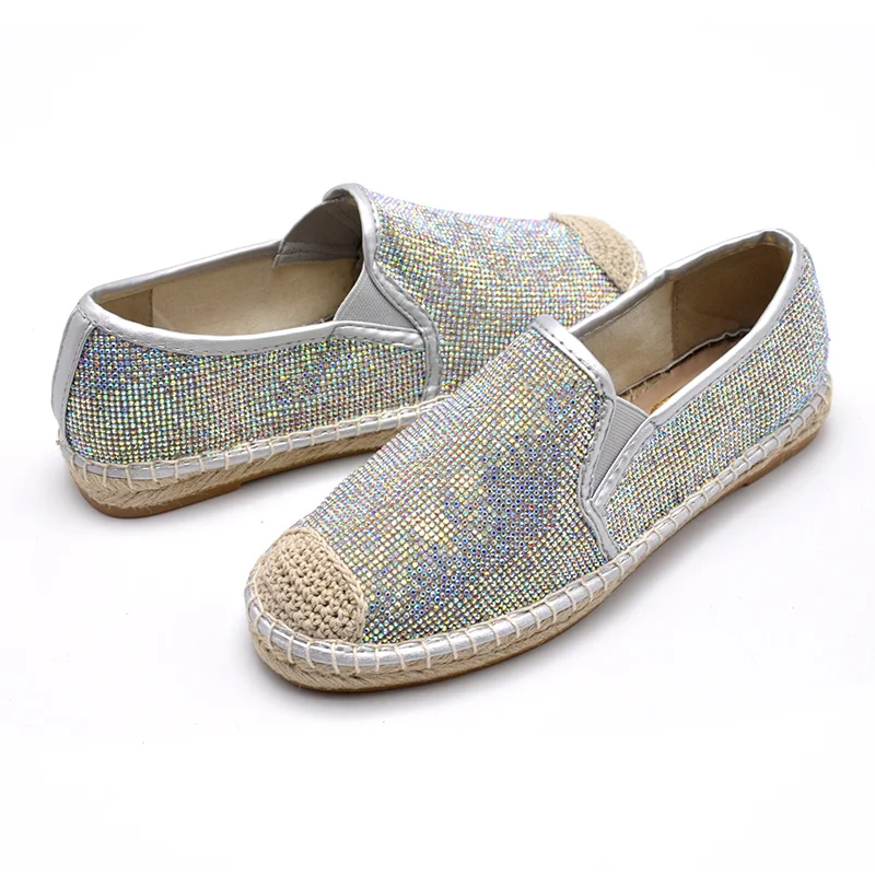 
JUTE Material Comfortable TPR Outsole Durable Fashion Bling Espadrilles Flat Shoes 