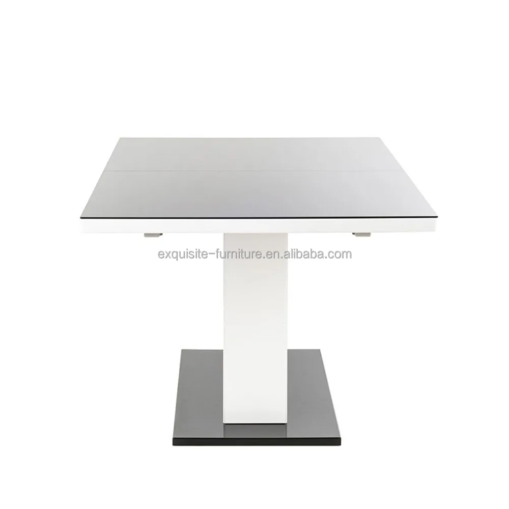 New design high gloss dinner table MDF wood panel 5mm black painted glass top metal base dinning table for sale