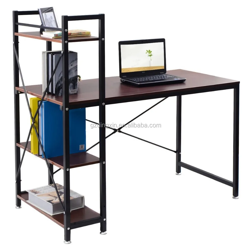 computer desk compact desk with 4 shelves Home office study table brown