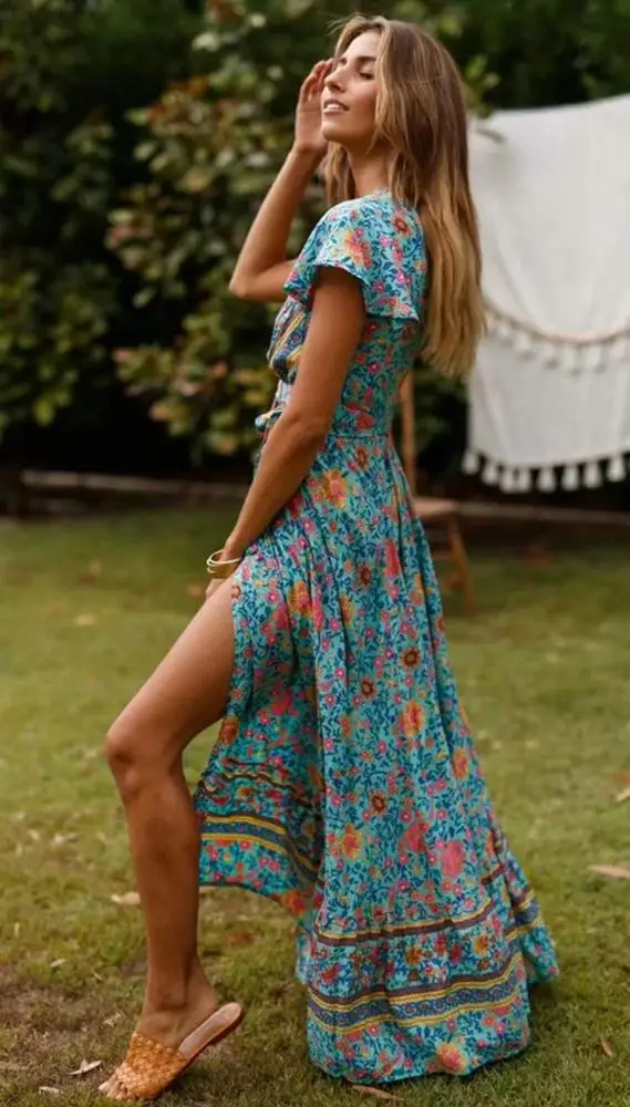 
2019 spring new design BOHO V neck beach floral print women dress 