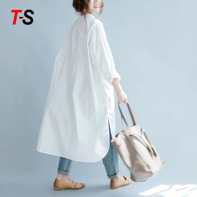 New leisure Simple Solid color round neck long shirt dress cotton fabric