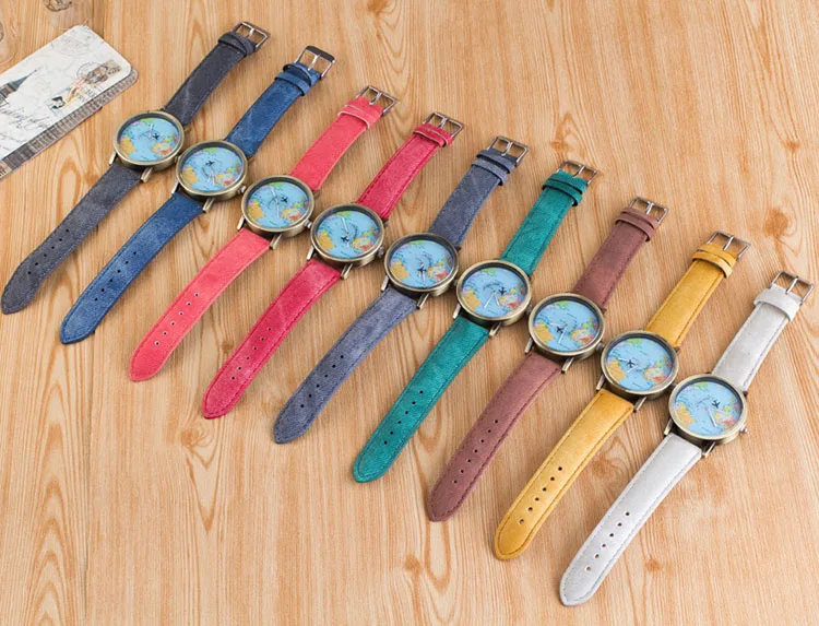 Flight Airplane Travel World Denim Strap Quartz Watches Women Dress Wristwatch Gifts Bronze World Map Watch