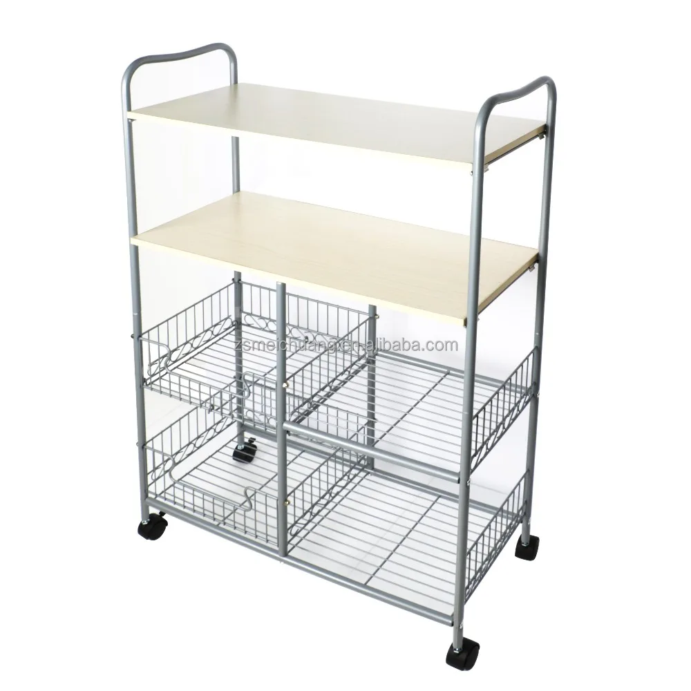 4 Tier Portable Rolling Wire Shelf Wood Top Kitchen Storage Trolley