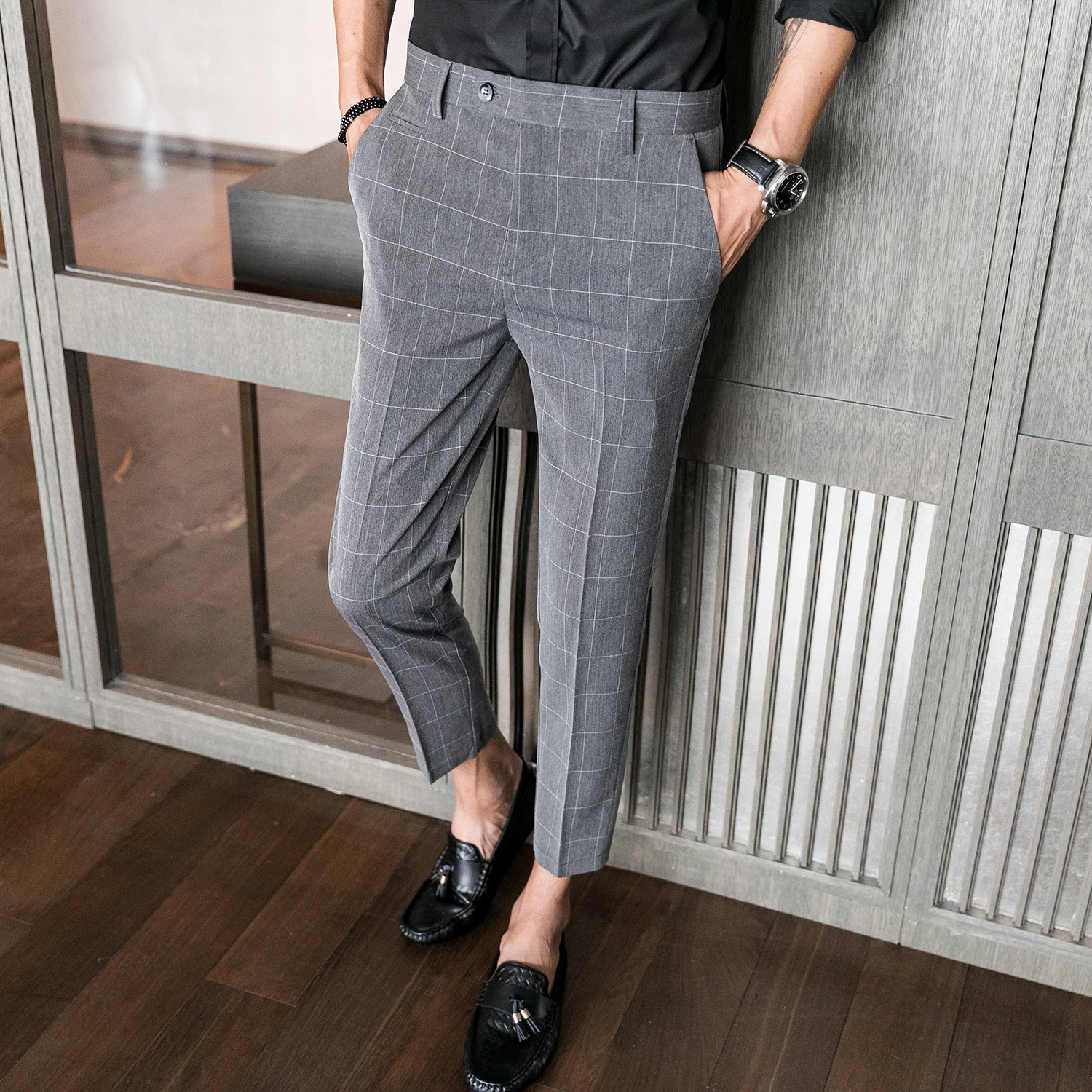 
Korean style slim gery square men suit pants for businessman trousers suit for young man formal pant suits for weddings 