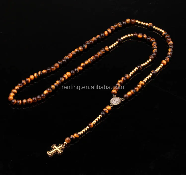 Rosary Jewelry Necklace Gold Stainless Steel Bead and Cross Gemstone Men and Women Necklaces Tiger Eye JNK9198 Renting CN;ZHE