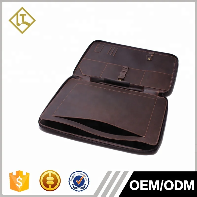 
Fits A4 file documents travel vintage leather briefcase business men zipper organizer leather portfolio file folder 