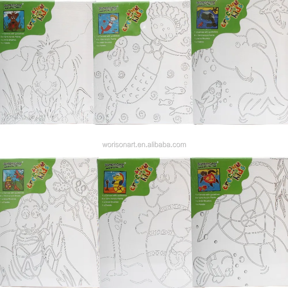 Hot sales Mini sketched cotton canvas fabric painting set with acrylic paints and paint brush for pre printed canvas to paint