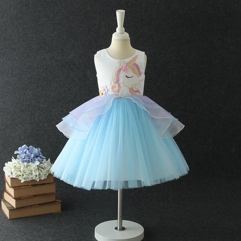 Unique boutique unicorn baby girl one piece dress colorful fluffy tulle horse frock patterns