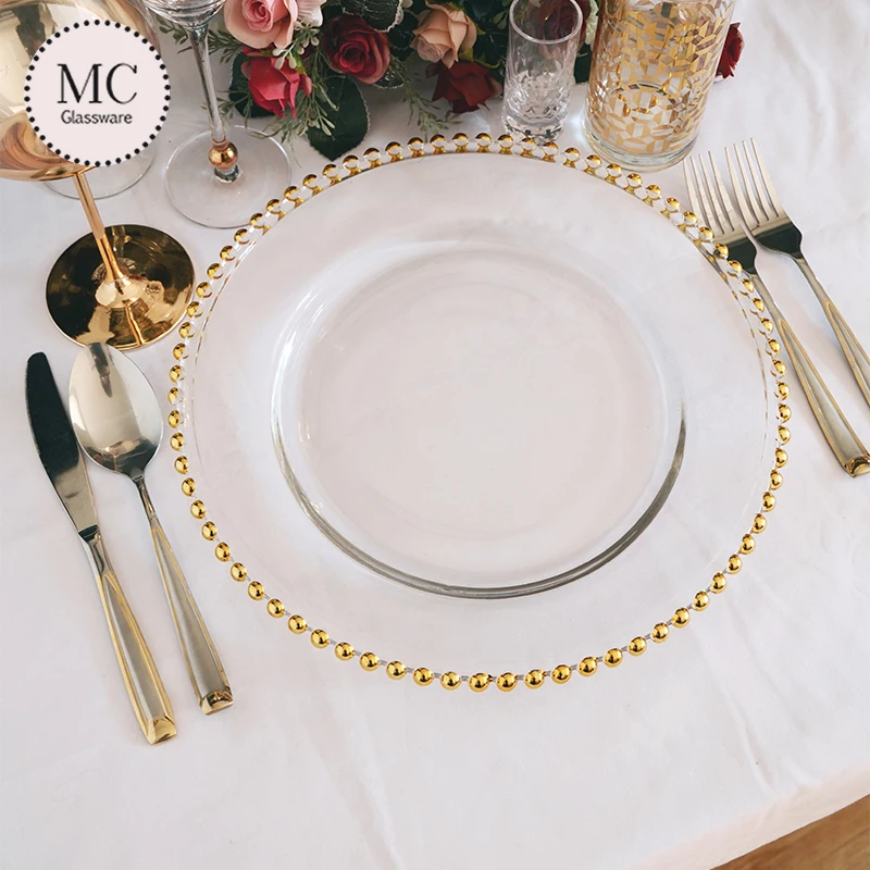 For wedding decorate gold rim glass charger plates gold rim beaded luxury dinnerware sets for decoration on table