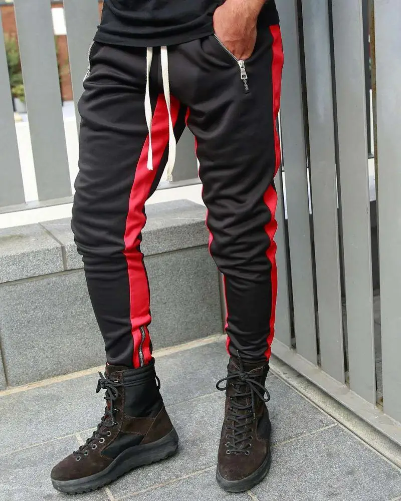 Custom Color Block French Terry Drawstring Jogging Pants Men Wholesale Mens With Zipper Track Pants