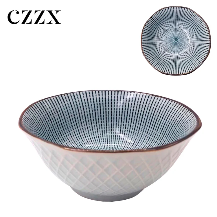 Китайская фабрика, оптовая продажа, 5 дюймов, внутренняя синяя восьмиугольная керамическая японская миска с тиснением под глазурью для лапши, супа, риса