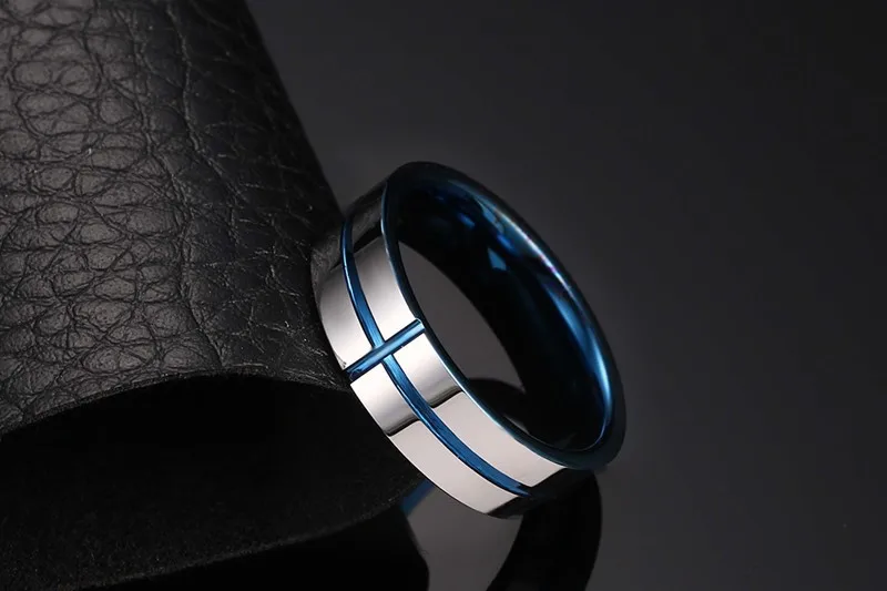 
latest design mens rings 6mm tungsten steel blue groove cross ring fashion jewelry best gift for man father boyfriend 