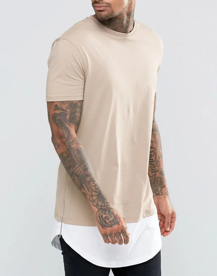 
Custom Cotton Tee Super Longline T-Shirt With Curved Hem And Side Zips In Beige 