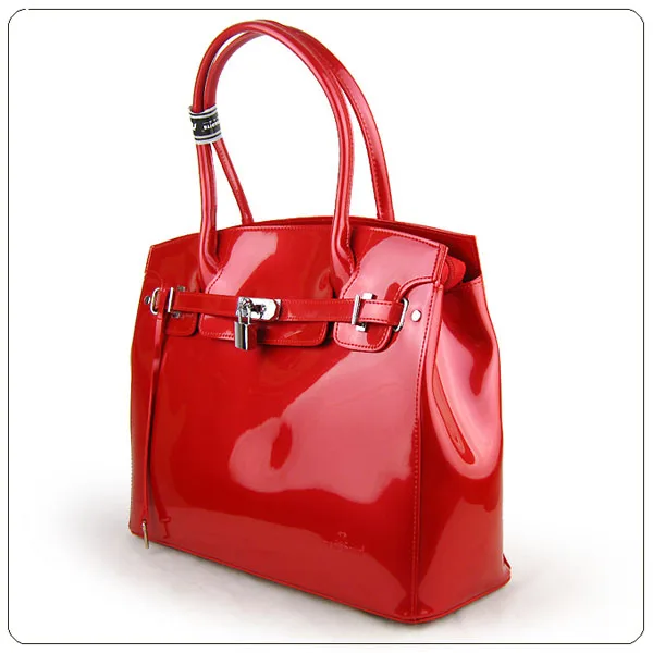Wholesale women brand name designer red shinny pu leather handbag with sexy design