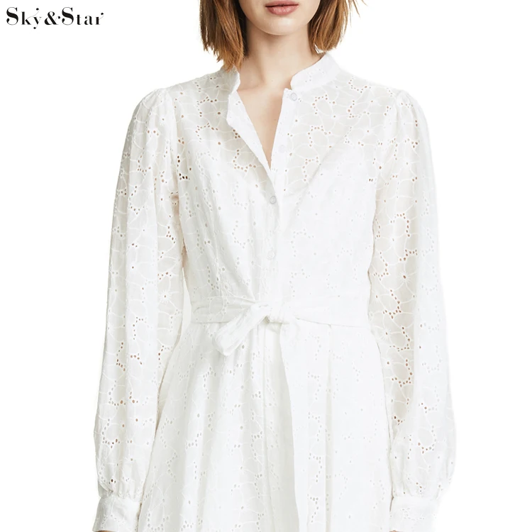 Women casual plain long sleeve embroidered simple white shirt dress with lining