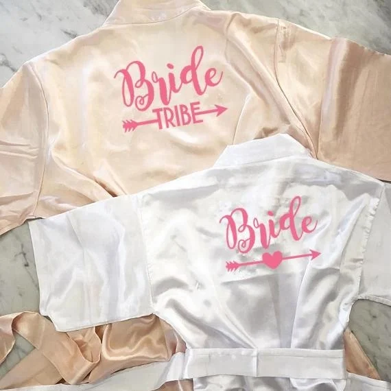 
C&Fung design Bride Wedding Day Robe neon pink letters printed Bride tribe Satin Robe Lingerie Shower Gift Bridesmaid robes 