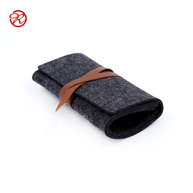 
personalized Portable felt eyeglass case / bag with leather strap 