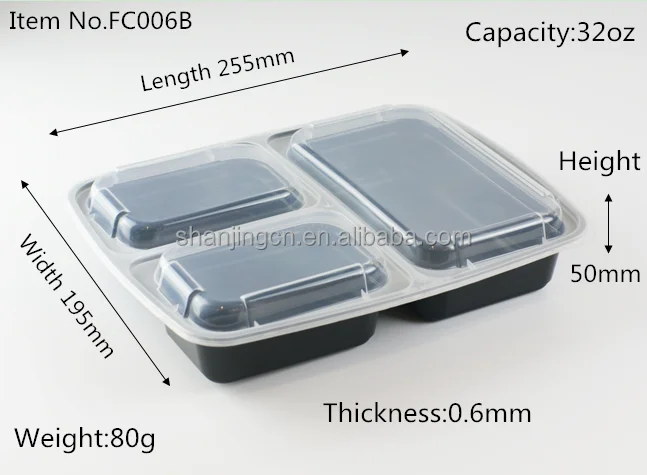 Plastic Food Packaging Containers, Kitchen Tableware  3 Compartment Food Container Storage Box With Lid