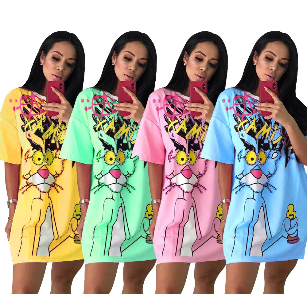 
Ready to ship OEM ODM women fashion casual cartoon beading t shirt dress TC946 