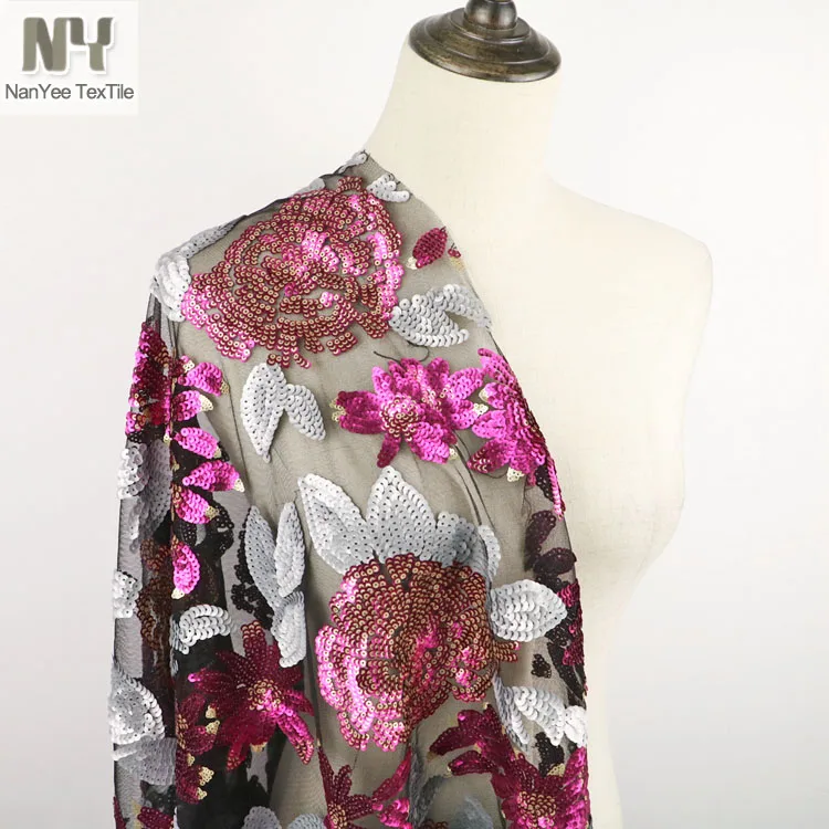 Nanyee Textile 3+5mm Laminated Hot Pink Flower Sequin Fabric