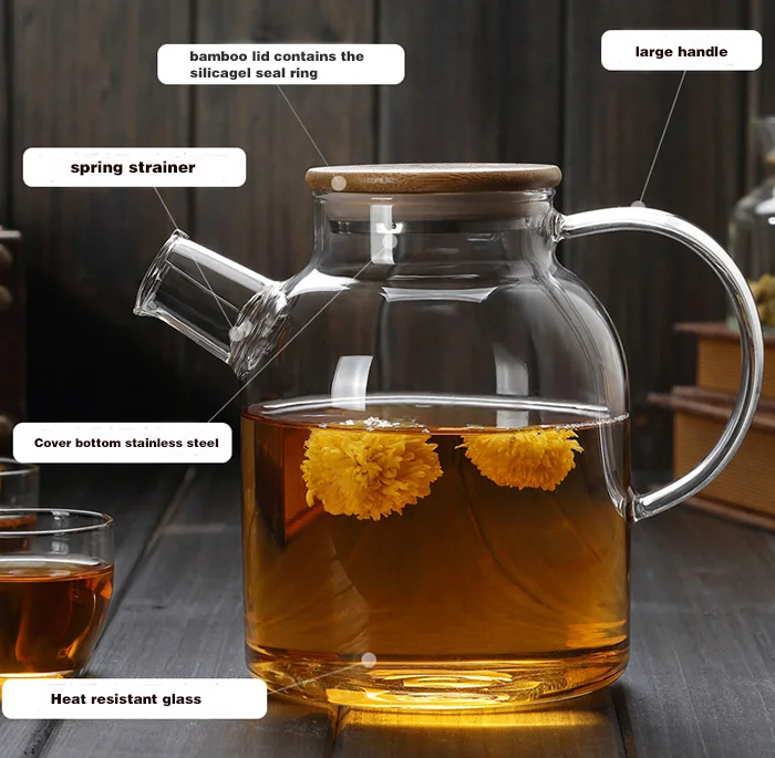 
glass teapot kettle with Bamboo lid and spring strainer ,teapot maker, chinese supplier 