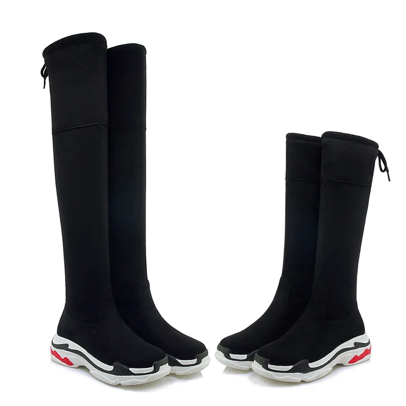 WETKISS Hot Selling Lace Up Knee Boots Round Slip On Stretch Winter Boots Women Shoes Solid Black Platform Flat Thigh High Boots